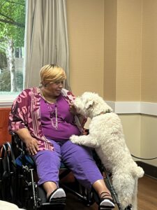 a dog and senior for the blog post Building Community through Person-Directed Care